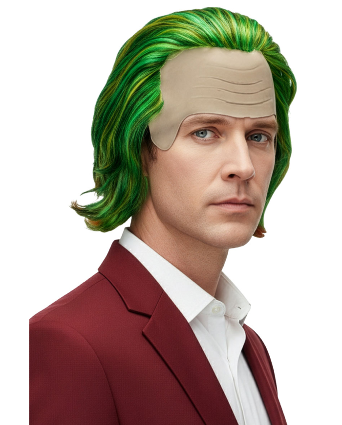 Perruque verte avec calotte en latex, dans sachet et crochet